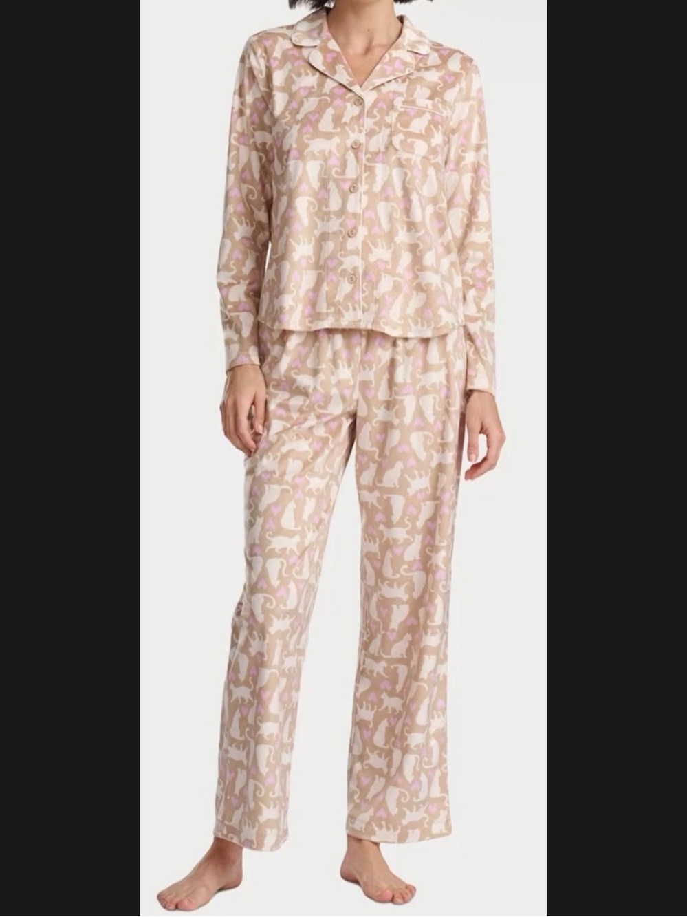 Karen Neuburger Beige and Pink Cat-Print Pajama Set